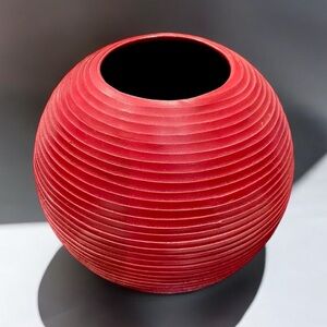 Crate and Barrel Red Postmodern Round Leather Bound Sottsass-like Vase